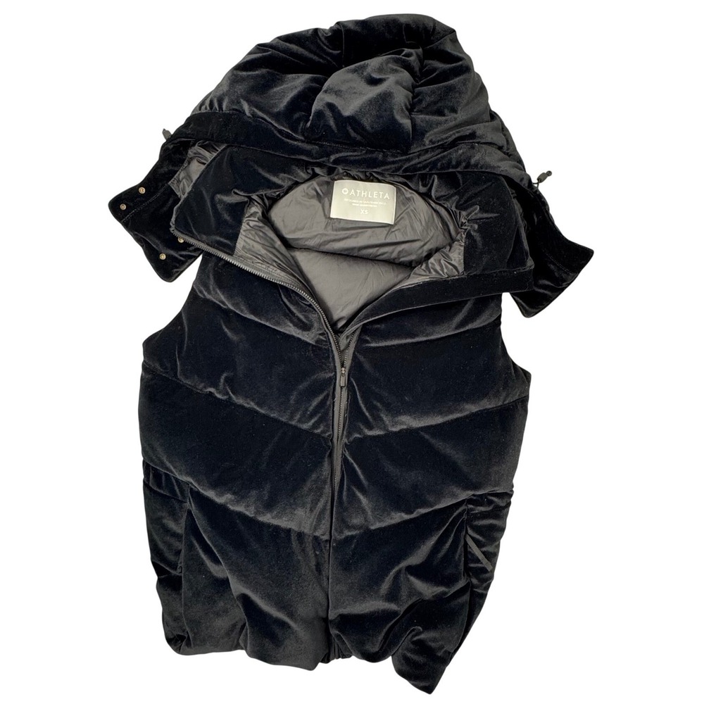 Athleta Lofty Velvet Goose‎ Down Puffer Vest Black XS Hooded Luxe Core